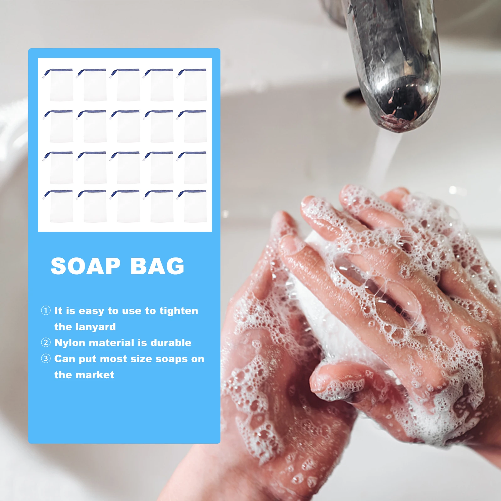 

20 шт., пенящаяся сетка для тела, мыльный пузырьковый мешок, нейлоновый контейнер для прокладки, инструмент для чистки ванной комнаты, быстросохнущий дизайн на шнурке, аромат