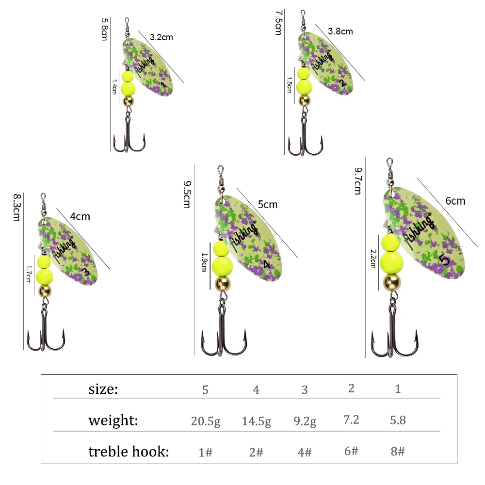 FISH KING Fishing Lure Spinner Bait 5.8g-20.5g High Quality Hard Baits Treble Hook Willow Leaf Shape Fishing Tackle For Pike