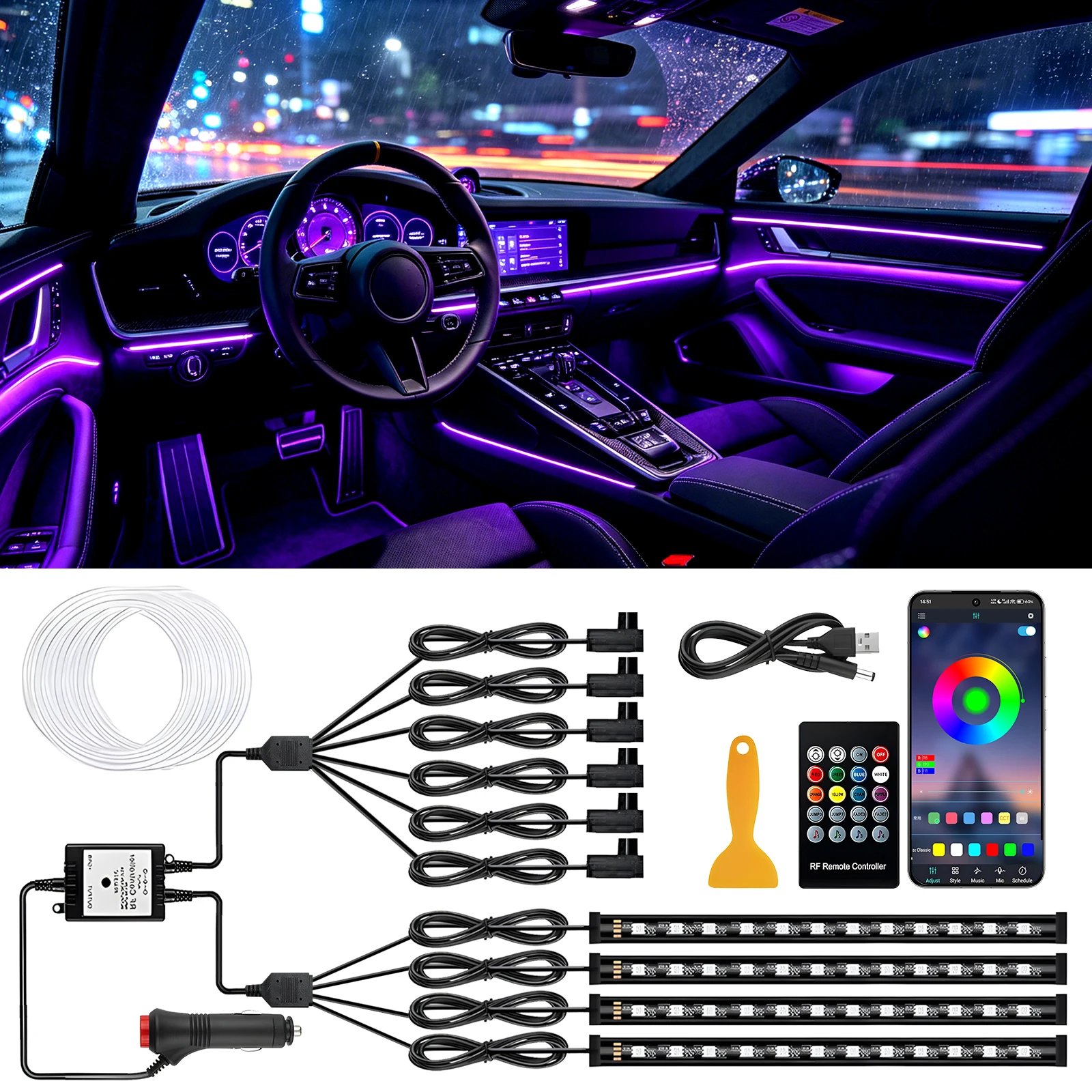 10IN1 8m LED Car Interior Ambient Light APP Remote Control Music Sync RGB Neon Fiber Optic Strip Light 12V Car Decoration Lamp