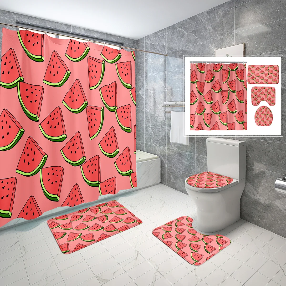 4 PCS Watermelon Shower Curtain Sets,Cartoon Summer Fruit Bathroom Waterproof Bath Curtain,Non-Slip Bath Mat Toilet Cover Set