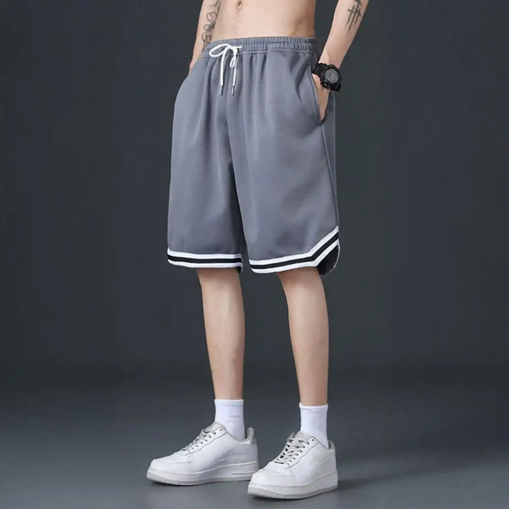 Men Summer Shorts Elastic Waist Adjustable Drawstring Sport Shorts With Pockets Solid Wide Leg Male Knee-length Casual Shorts
