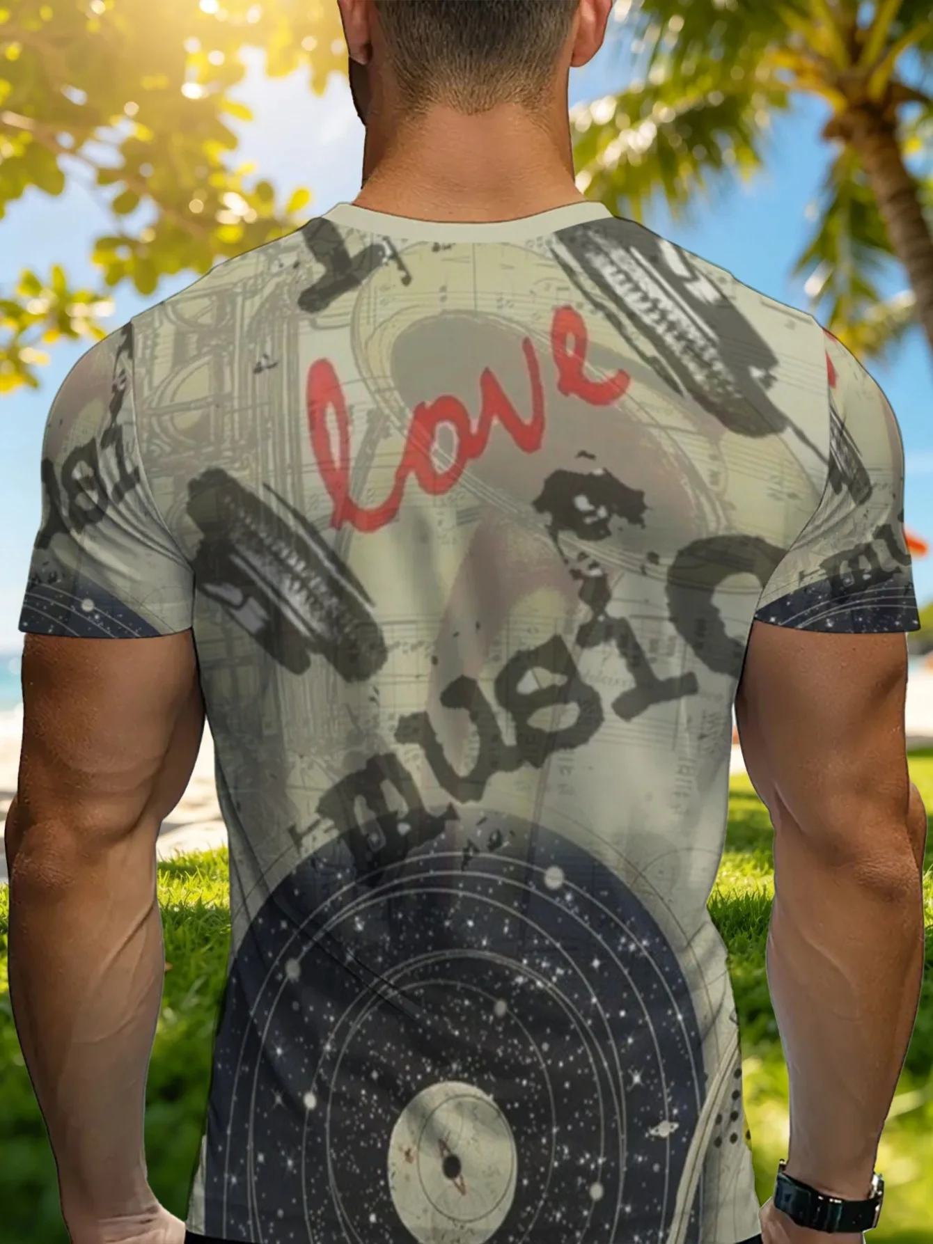 Men Retro Vinyl Record Love Music Letter Print Crew Neck T Shirt Vintage Grey Base Short Sleeve Casual Tops