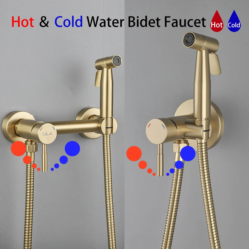 ULA Bidet Faucet Brushed Gold Portable Toilet Bidet Faucet Hot Cold Water Mixer Bathroom Shattaf Valve Jet Set Stainless Steel