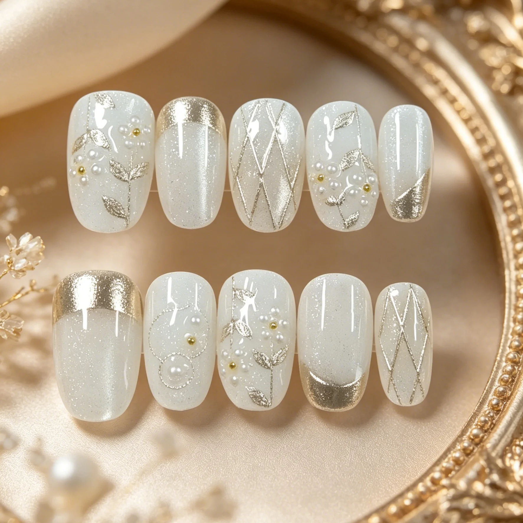 10 Hand Pressed Short Square Nails, Beautiful Fake Nails, Light Luxury Gilded Print, Press On Nails, Suitable for Women to Use