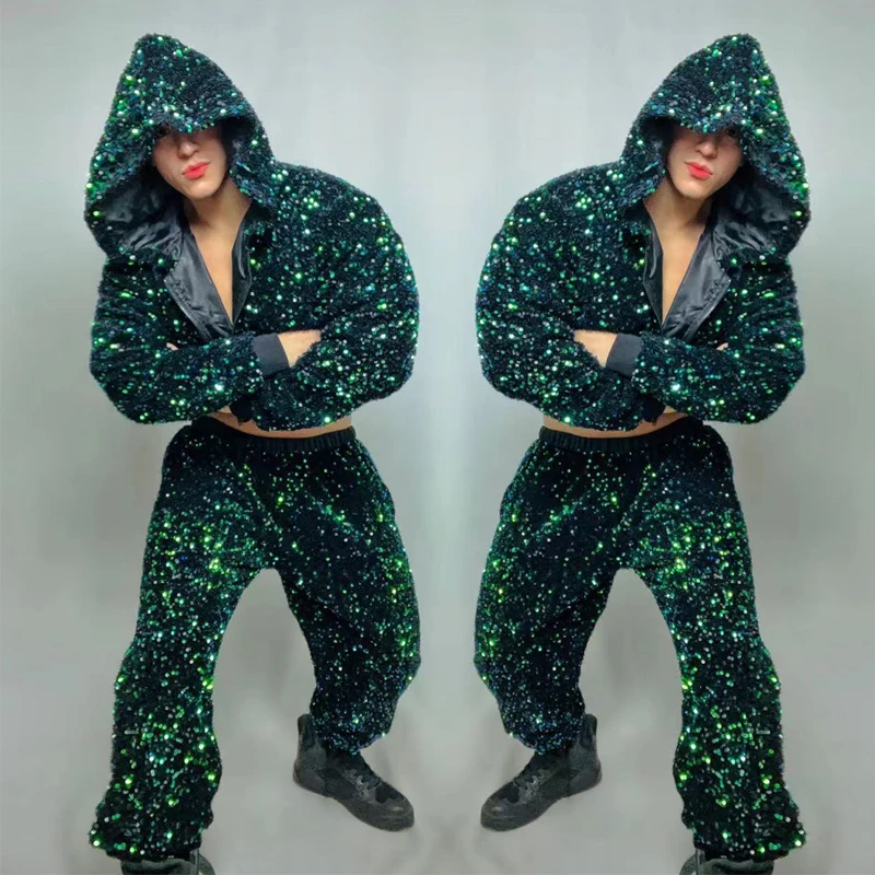 بار ملهى ليلي DS جوجو زي الذكور القطب ملابس الرقص ملابس الجاز الرجال الأخضر الترتر معطف السراويل عرض مسرحي الهذيان الزي XS5640