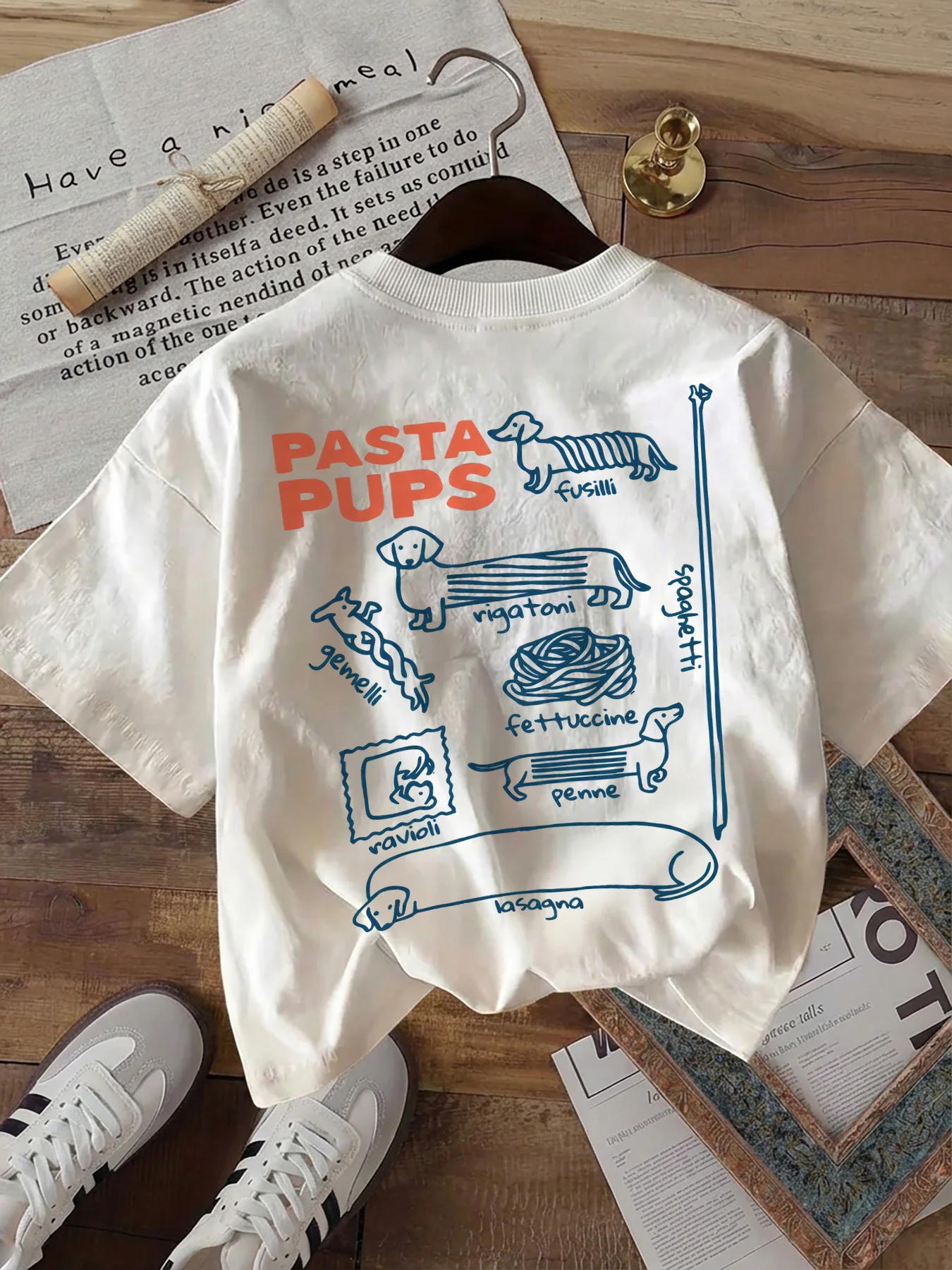 Vintage Damenmode Grafik-Top mit Dackel- und "PASTA PUPS"-Textdruck, lustiger Stil, Rundhals-Kurzarm-T-Shirt – Detail 3