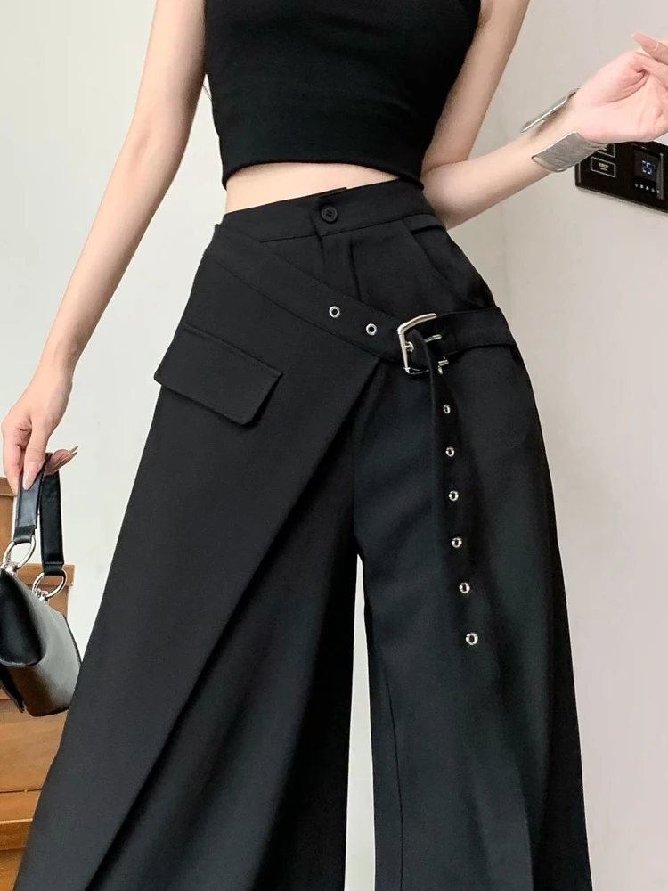 Unique Belt Black Suit Pants Fake Two Pieces Wide Leg Straight Pants For Women Commuting High Waist High-grade Sense Trousers