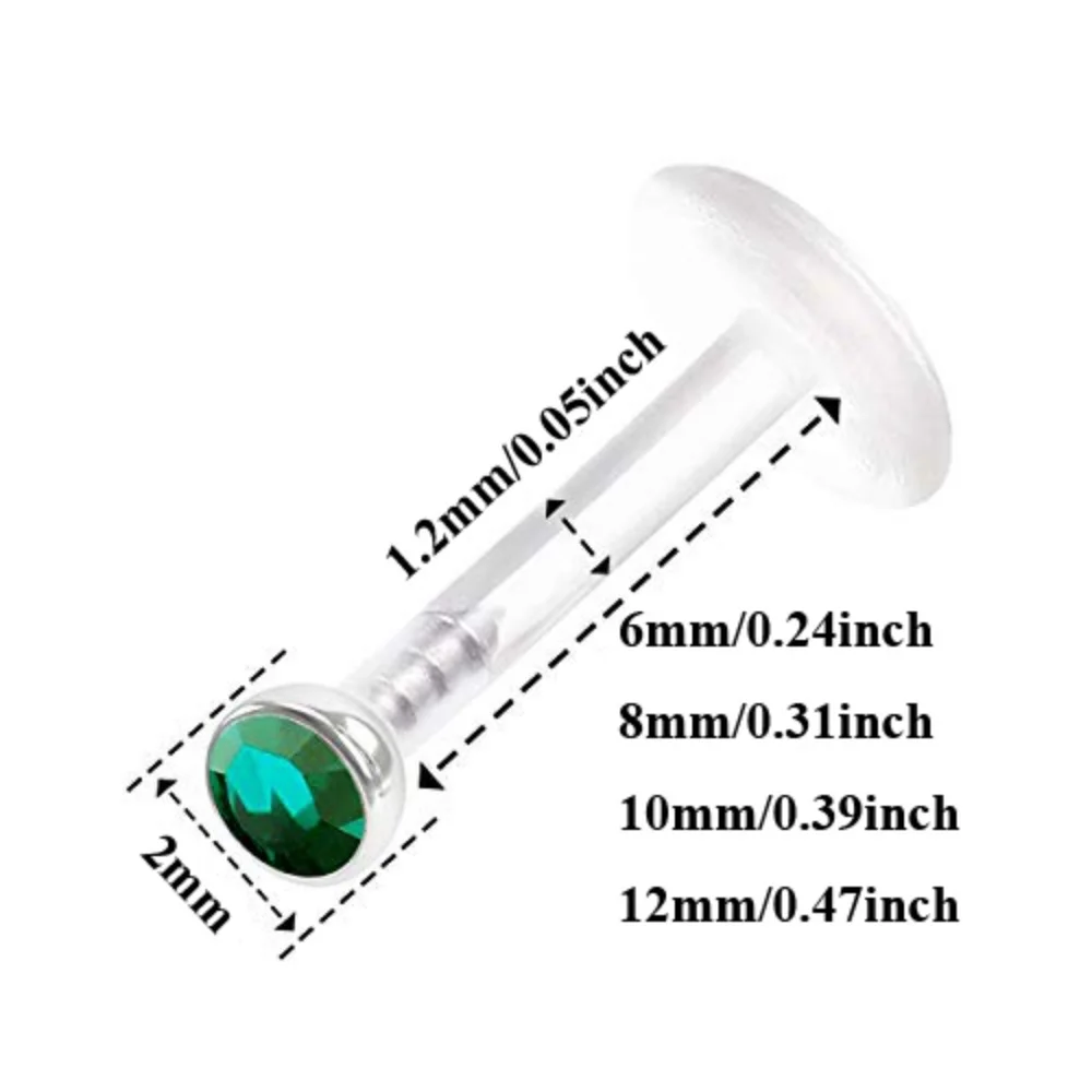 2PCS Acrylic Push In Lip Rings 16 gauge 6/8/10/12mm 2mm Emerald Crystal Ball Monroe Earrings Piercing Jewelry 0301