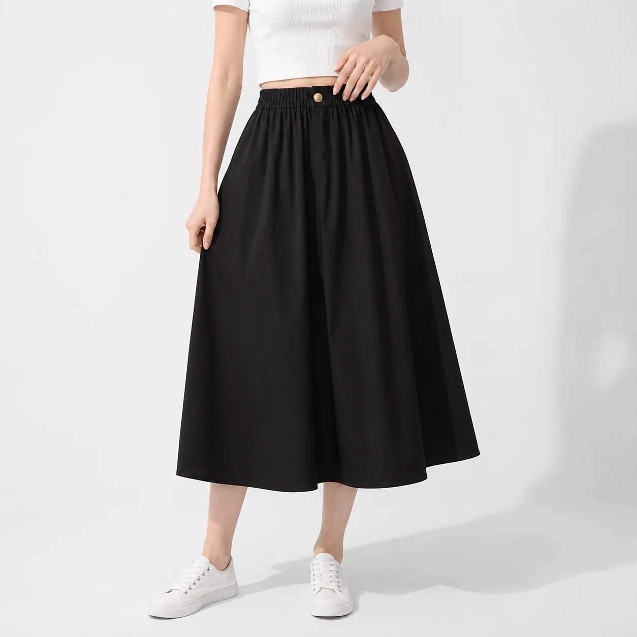 

Women Summer High Waist A Line Midi Skirt Elastic Waist Button Casual Korean French Vintage Long Skirt