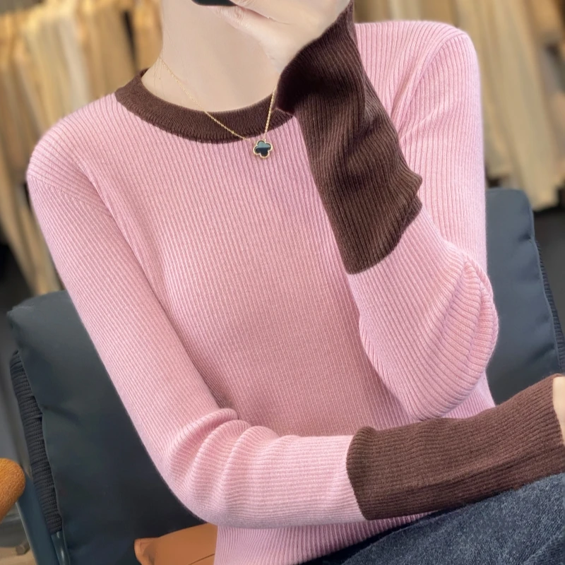 2024 New Spring and Autumn O-Neck Color matching Cashmere Sweater Women Long Sleeve Pullover Solid Color Base