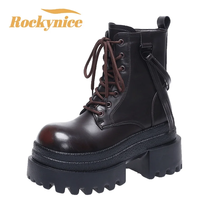 

Женские мотоциклетные ботинки на массивном каблуке, осенние роскошные кожаные кроссовки на скрытом каблуке, зимние ботинки в стиле панк, ботинки до середины икры на платформе с каблуком 9 см