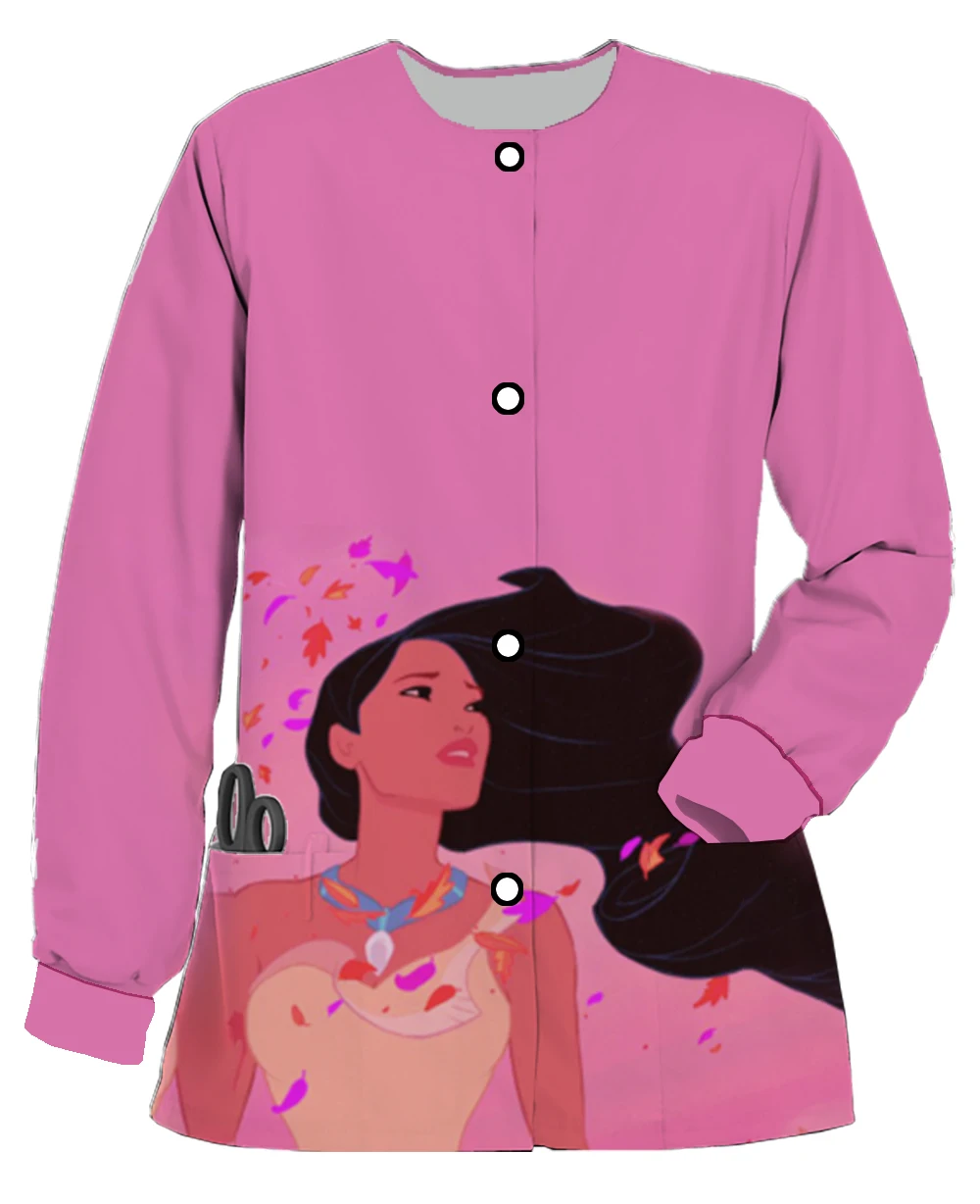 بدلة الطبيب ديزني بوكا دوك الأميرة المرأة ملابس منقوشة بكم طويل زر بدلة جراحية جديدة سترة فضفاضة غير رسمية