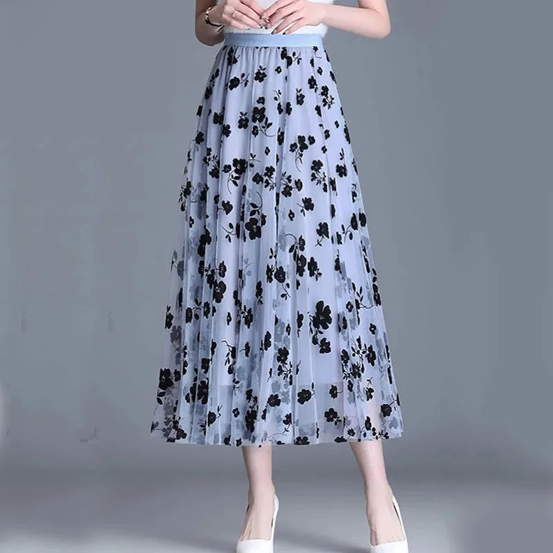 Gidyq Women Tulle Skirt Korean Fashion Elegant Hook Flower Midi Skirt Ladies Summer Casual Loose All Match Skirt Female New