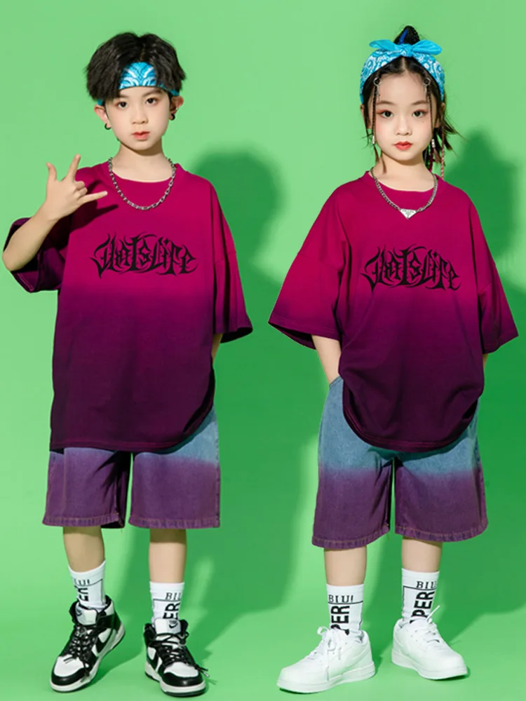 Gradient Fashion T Shirt Shorts Child Dance Clothes Jazz Ballroom Dancing Competition Hip Hop Costume 4 Girls Boys Stage Outfits