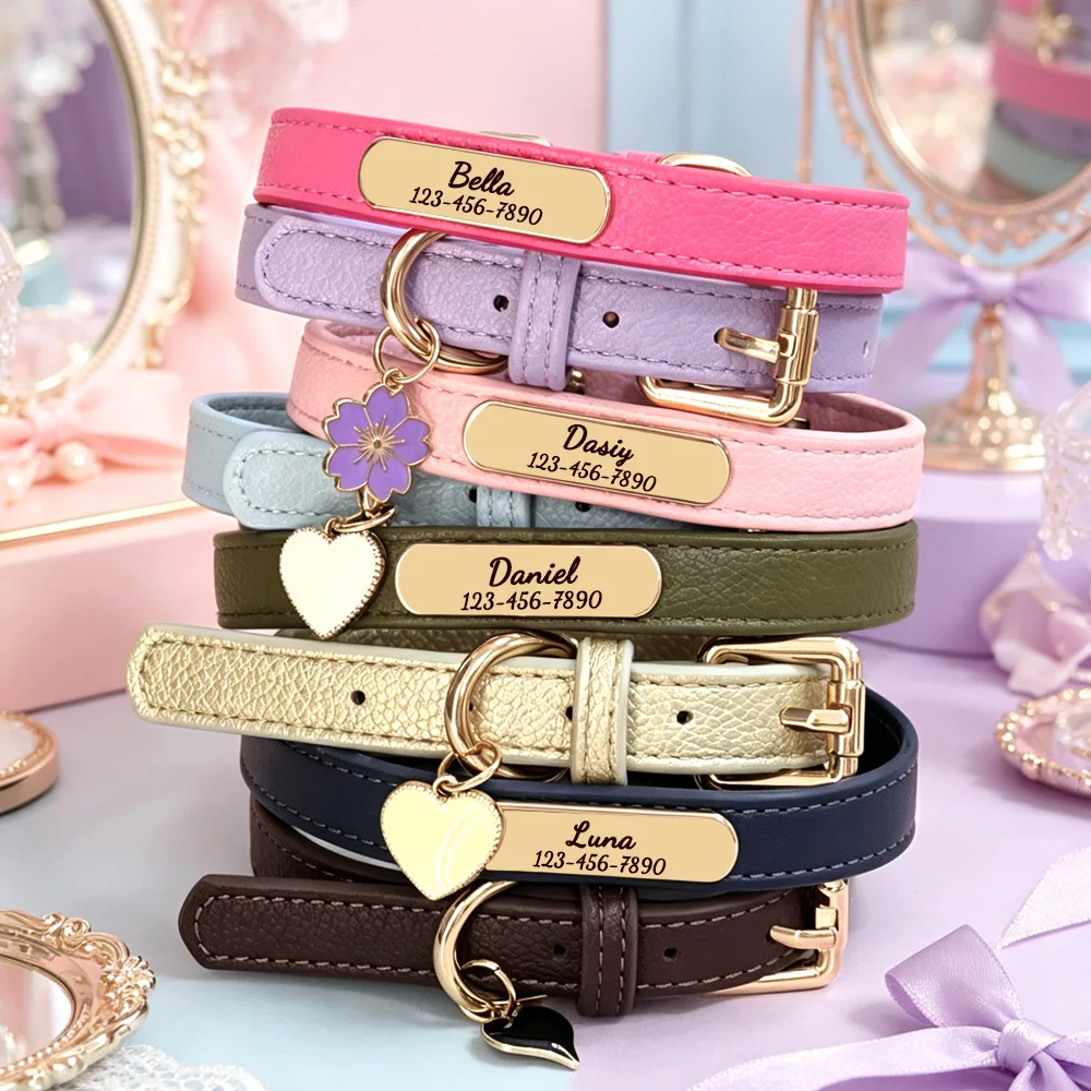 Luxury & Soft Leather Personalized Dog Collar and Pendant Pet Puppy Cat ID Nameplate Engraved for Small Medium Dogs