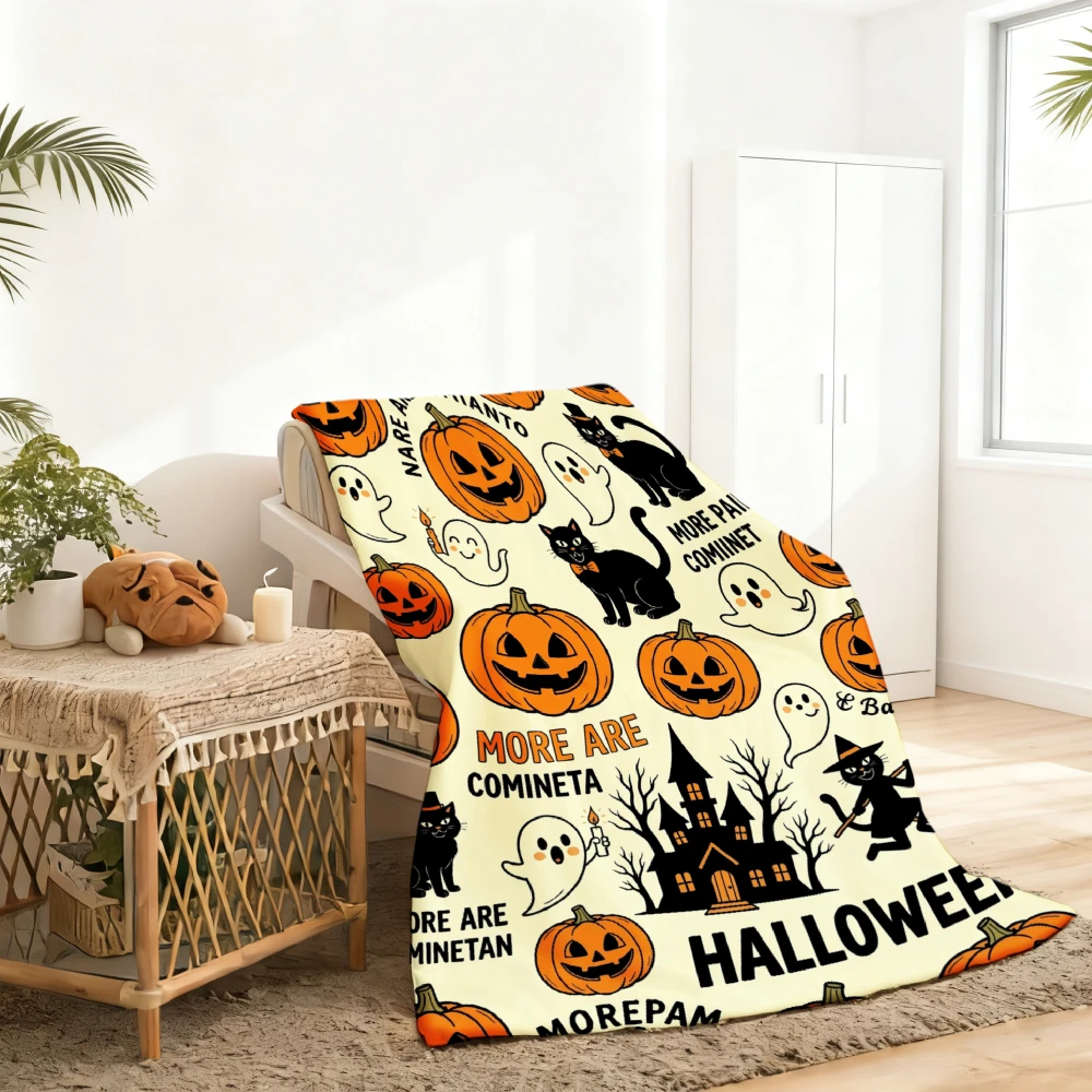 1pc Halloween Pumpkin Ghost Black Cat Haunted House Print Flannel Blanket Soft Comfortable Warm Bed Cover Autumn Winter Season Home Sofa Bedroom Decor Halloween Thanksgiving Christmas Festival Gift