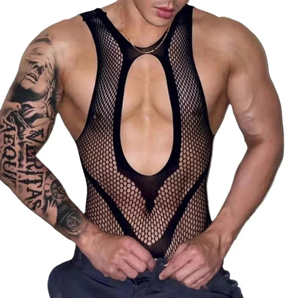 Men Hollow Out Fishnet Full Bodysuits Sissy Jumpsuit Bodystocking Sexy Lingerie Gay Leotard Breathable See Through Romper