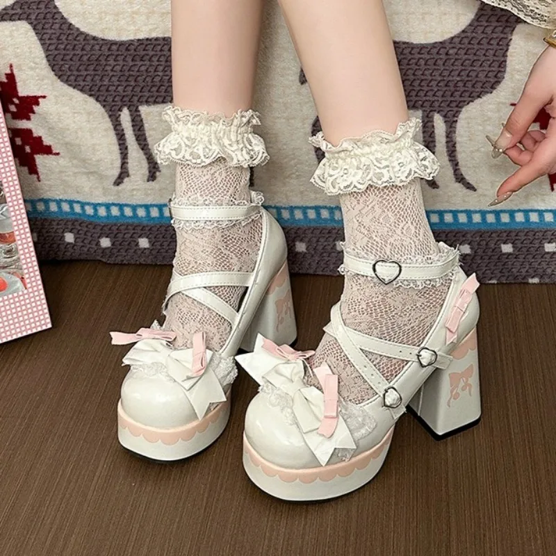 

Women's Spring and Autumn Bow Lace Embellishment Cross Double Buckle Strap Elegant High Heel Shoes Women Fashion Mary Jane Shoes