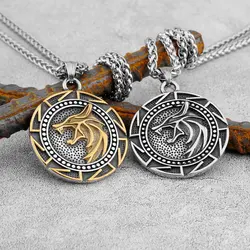 Mens Vintage Viking Wolf Pendant Runes Necklace Punk Street Rock Nordic Stainless Steel Odin Wolf Head Necklace Fashion Jewelry