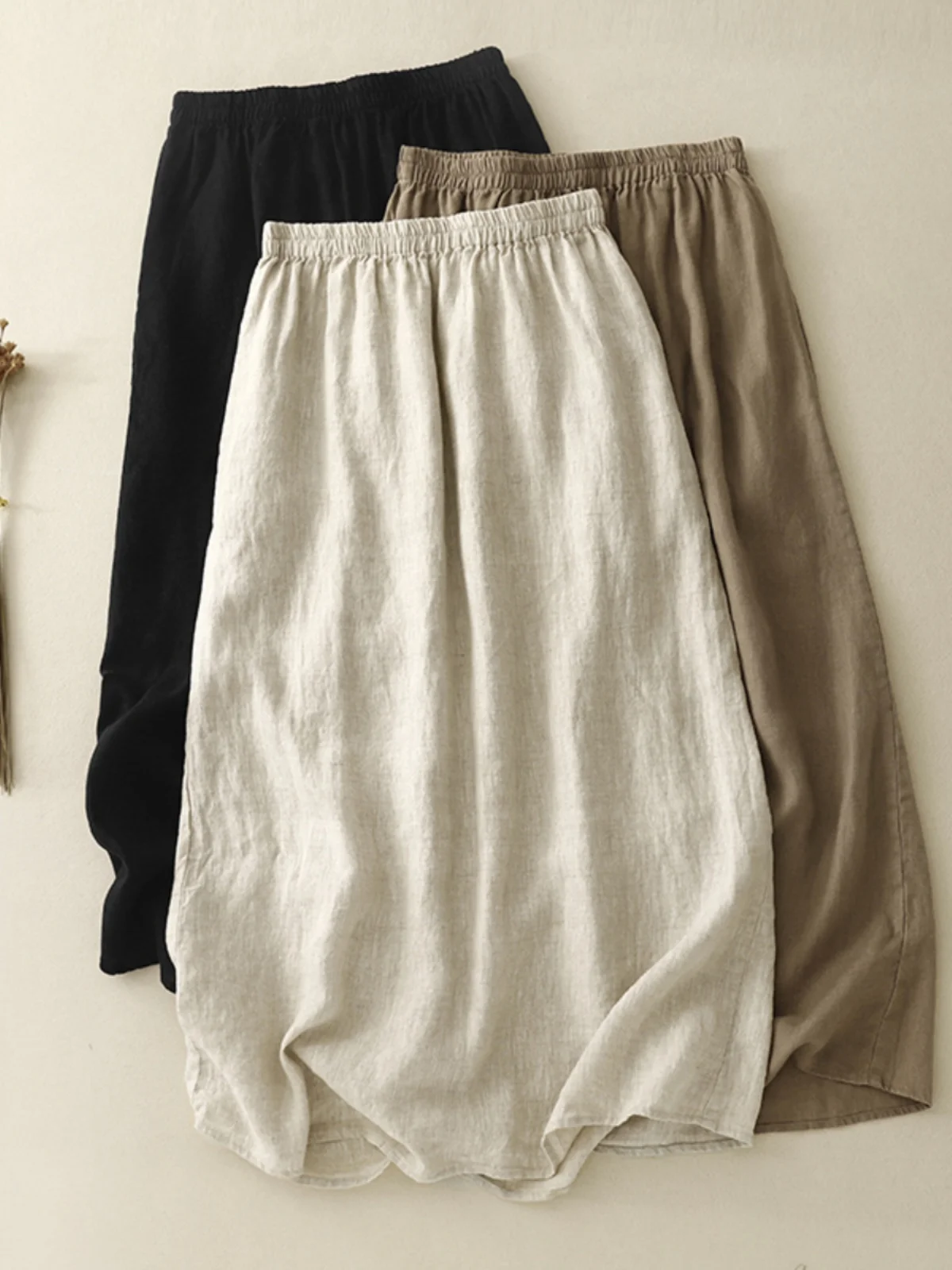 

Japanese Sle Linen Elastic Waist Midi Skirt Simple A-Line Long Skirt Commute High Waist Design Mixed Fabric Pure Color