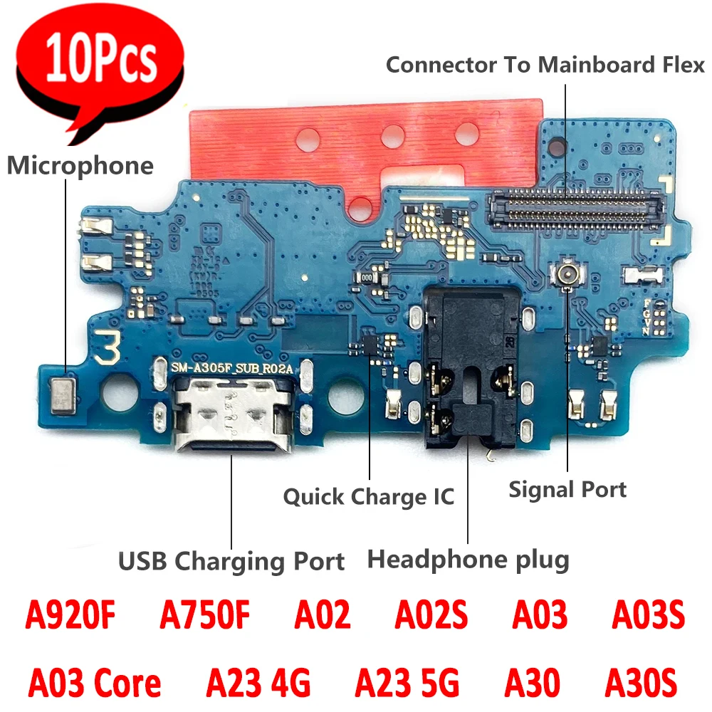 

10Pcs，For Samsung A23 4G 5G A03 A03S A30 A30S A750F A920F A02 A02S USB Charging Port Socket Charger Dock Connector Board Flex