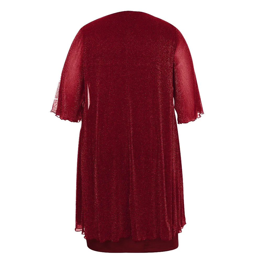 2025 Summer Women's Mesh Dress Elegant Fat Girl Fashion Sequin Three-quarter Sleeve Solid  Silver Silk Shining Shorts Slim Dress