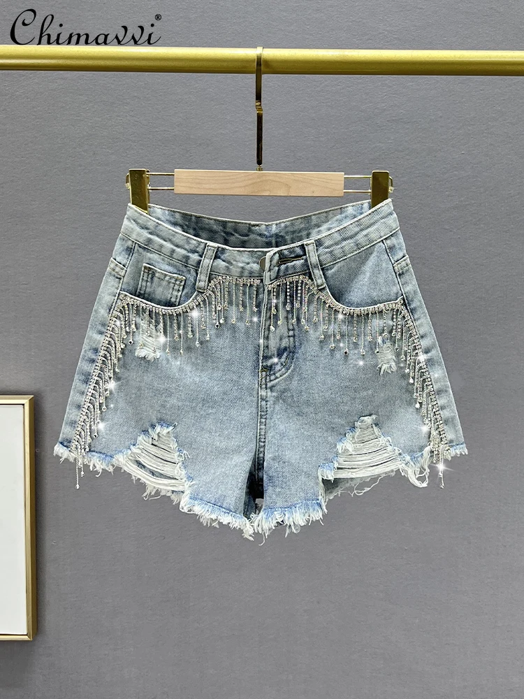 Fashion Tassel Denim Shorts Women 2024 Summer Clothes New Fashion High Waist Slimming European Station Diamond Ripped Hot Pants