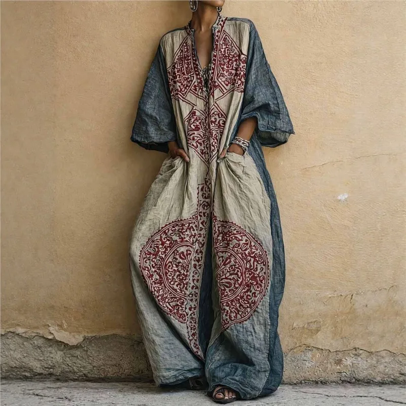 

Womens Boho Ethnic Print Oversized Jumpsuit V Neck Batwing Wide Leg Long Pantsuit New Vintage Loose Vacation Romper With Pockets