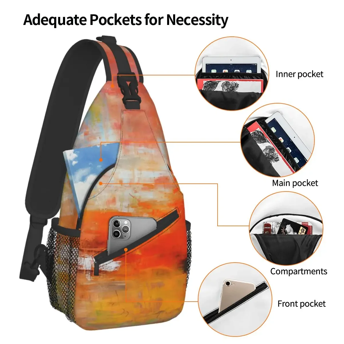 Abstrato pintura acrílica crossbody saco esportes vermelho pôr do sol paisagem saco de peito unisex mulher homem moda mochilas ombro viagem