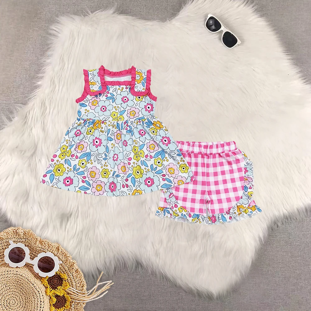 

8.19 летние наряды для маленьких девочек, туника с розовыми цветами и пуговицами для маленьких девочек, летние шорты, комплекты одежды
