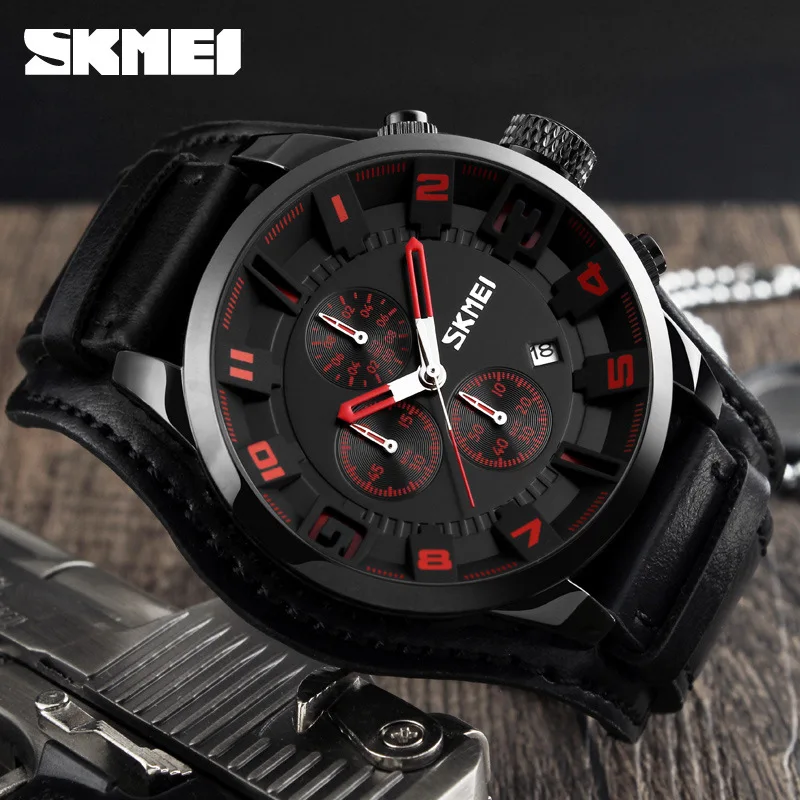 Imagem -03 - Skmei Moda Masculina Relógio Impermeável Business Quartz Ver Multi-função Sports Ver Hot Selling Genuine Leather Quartz Ver