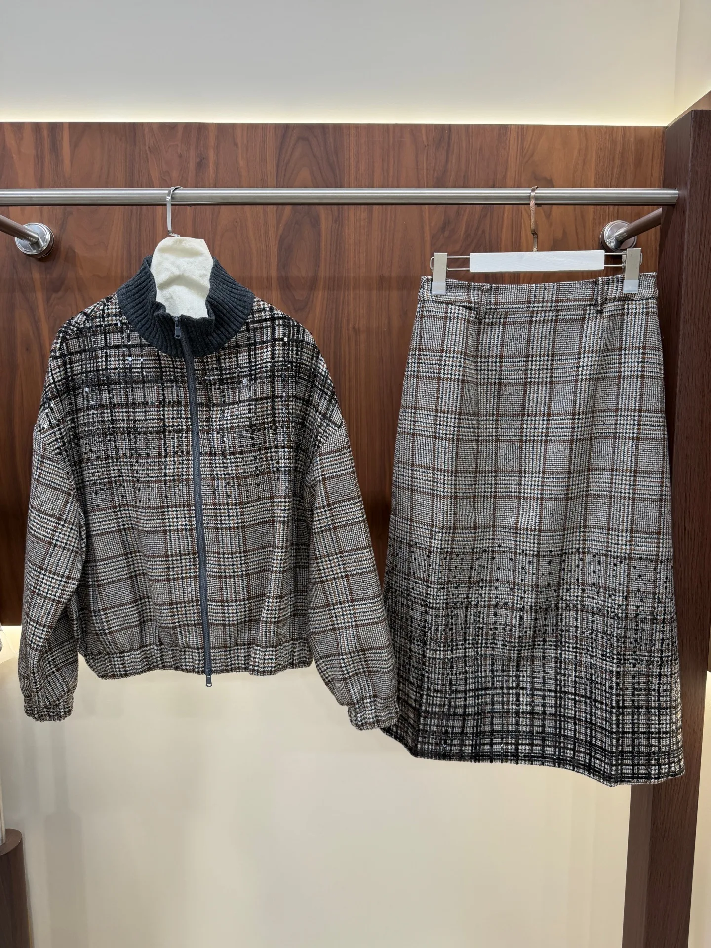 2026 Fall/Winter Women's Wool Plaid Set : Sequin-Embellished Zip Jacket and Midi Skirt