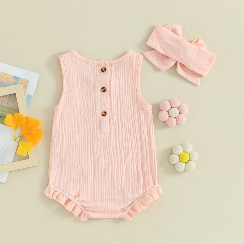 Infant Newborn Baby Girls Summer Clothes Sleeveless Romper Solid Ruffle Bodysuit  Outifts with Headband