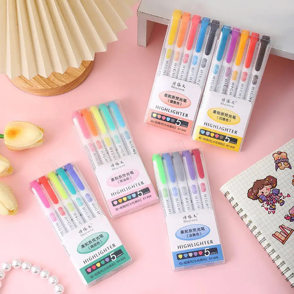 5 Pcs/box Double Headed Highlighter Pen Set Fluorescent Markers Drawing Highlighters Pens Art Japanese Cute Pastel Stationery