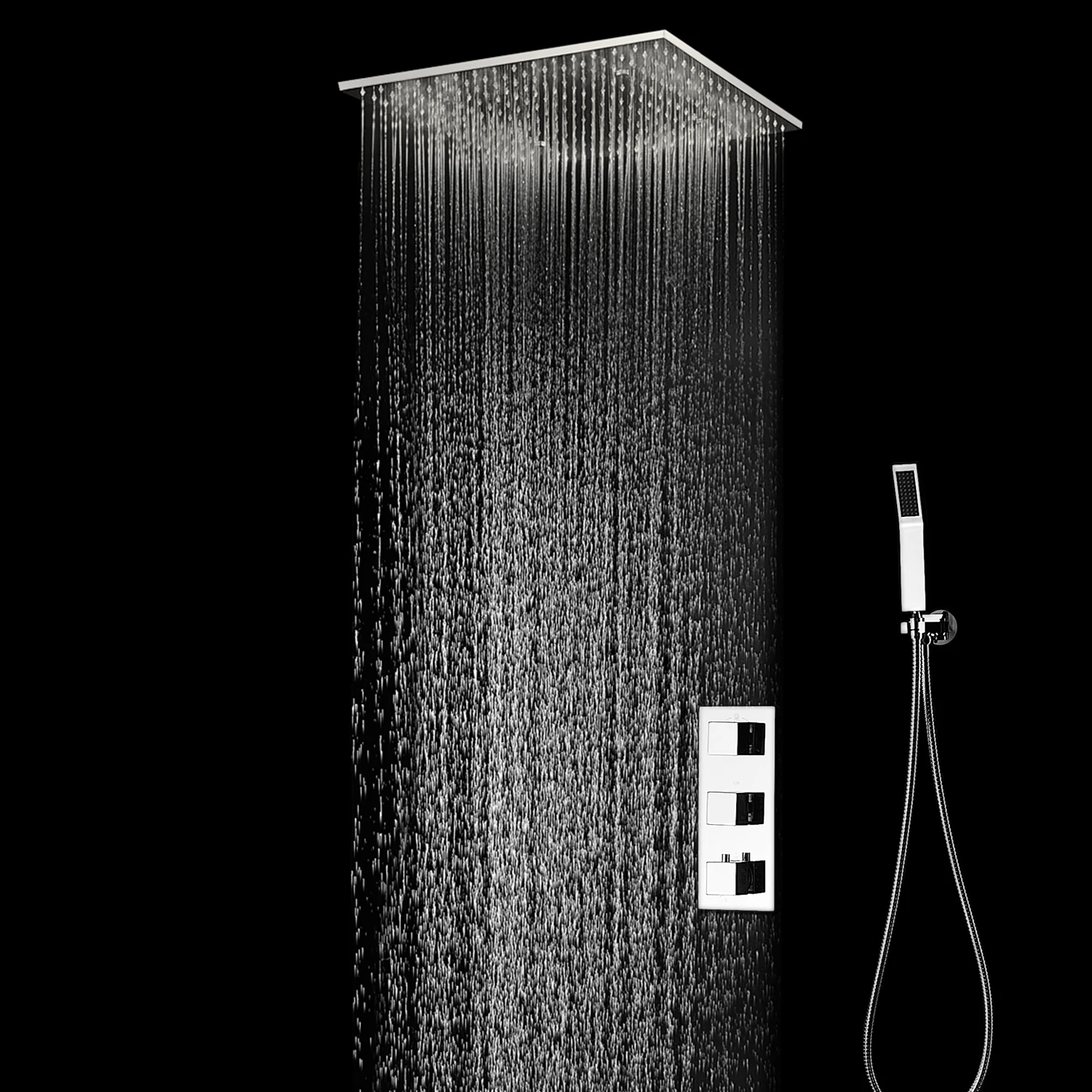 High Quality Thermostatic 20'' Shower Set Polished Ceiling Rain Mist Panel Bathroom Faucets System 500x500mm