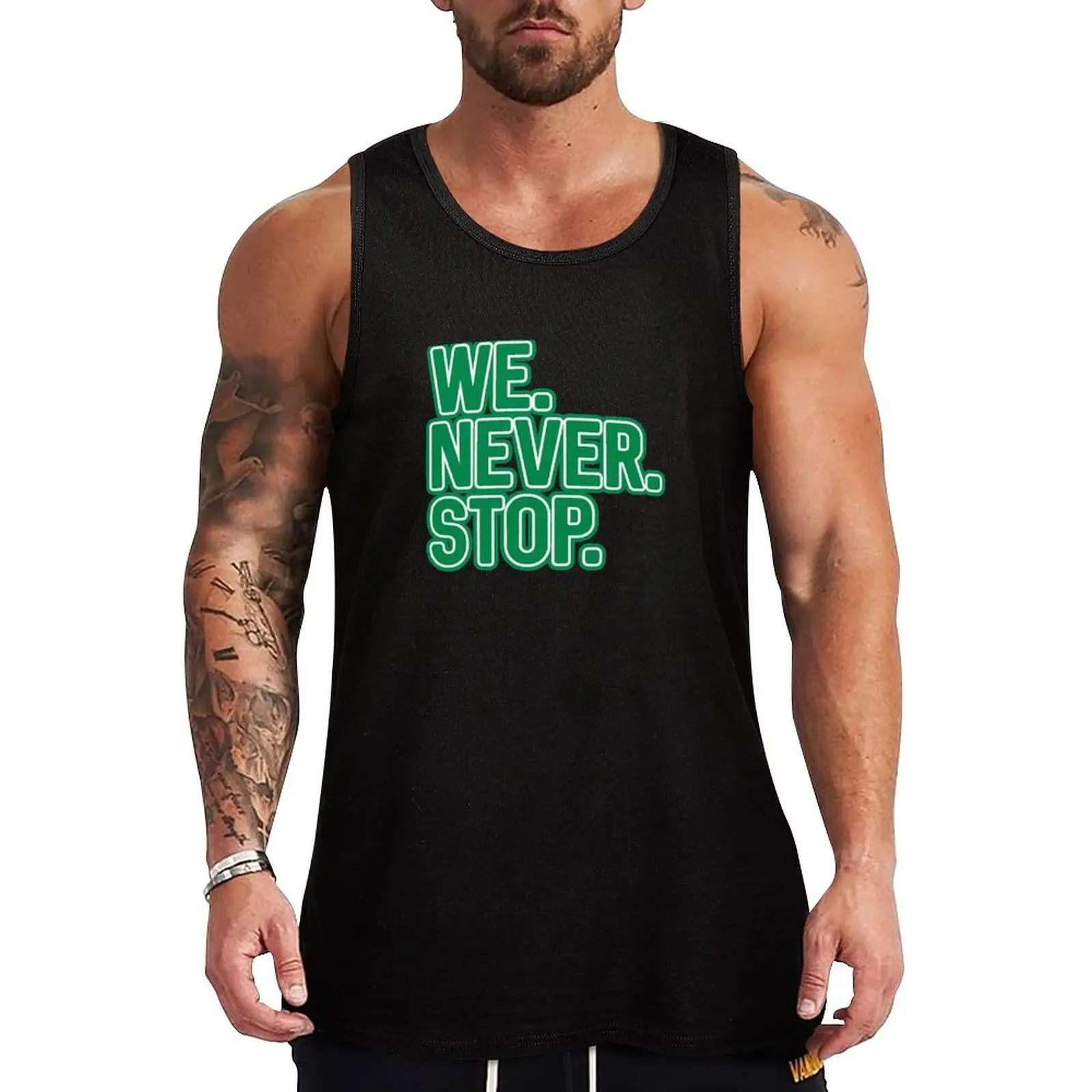 

WE.NEVER.STOP, Glasgow Celtic Football Club Green and White Layered Text Design Tank Top Sleeveless men gym men
