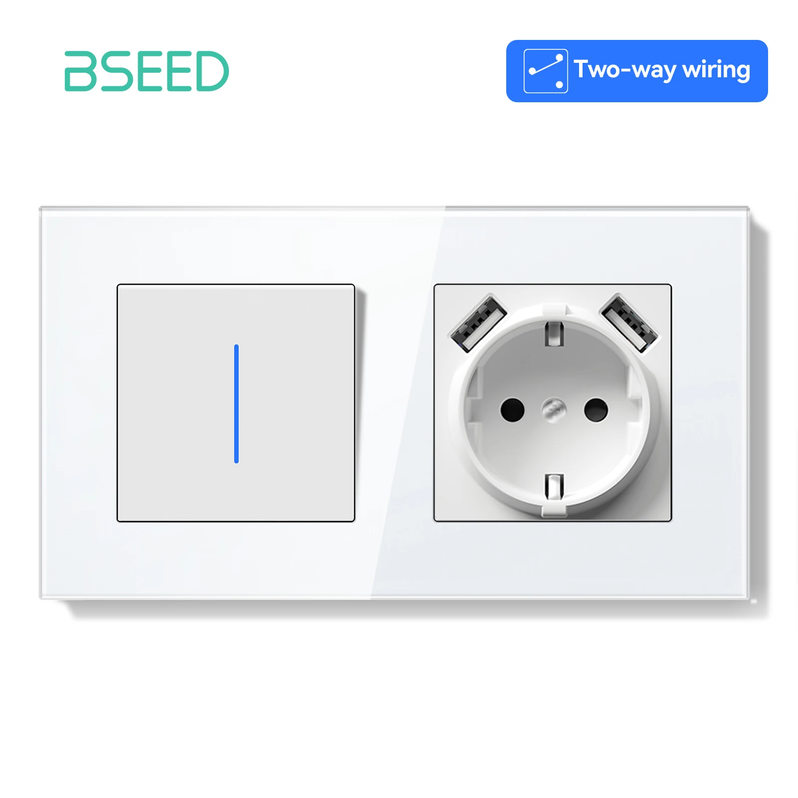 BSEED 1/2 Gang mechanische Lichtschalter 2-Wege-Pass-Through-Schalter mit EU-Buchse USB Typ-C LED-Anzeige Glasrahmen E-Serie 4