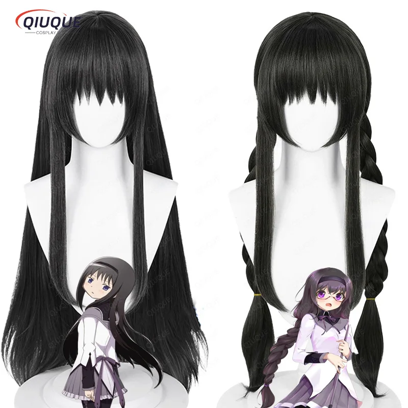 Anime Puella Magi Madoka Magica Akemi Homura Cosplay Wig Long Black Heat Resistant Synthetic Hair Role Play Wigs +  Wig Cap