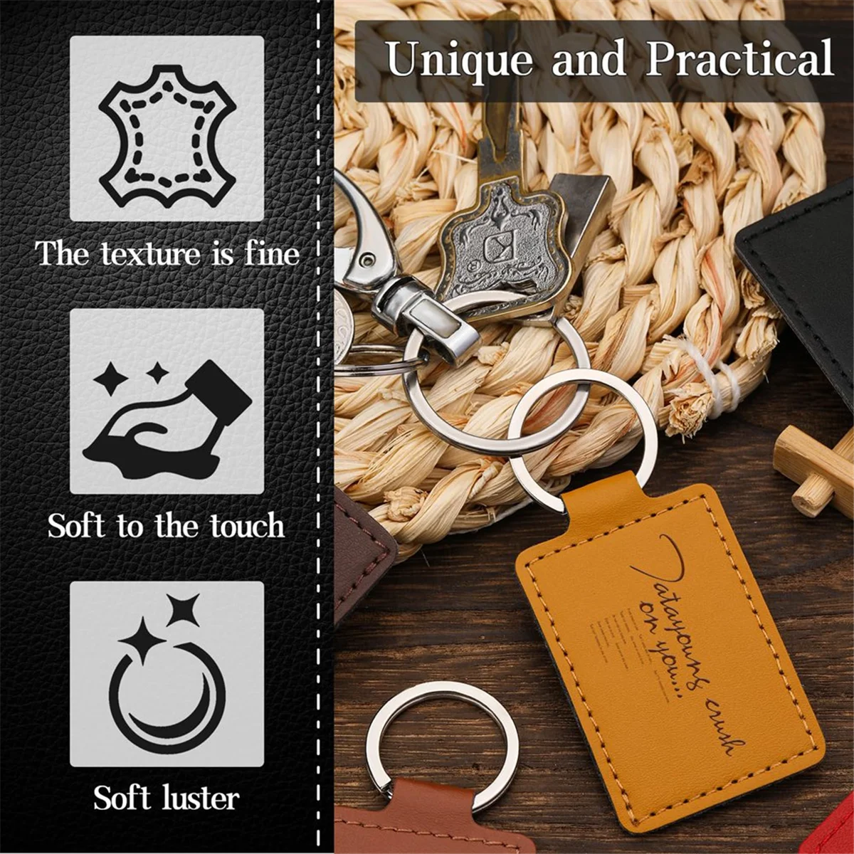 ABJY 30 Pcs Leather Key Fob Kit,Rectangular PU Leather Keychain Blanks with Keychain Rings,Engraving Keychain,DIY Crafts