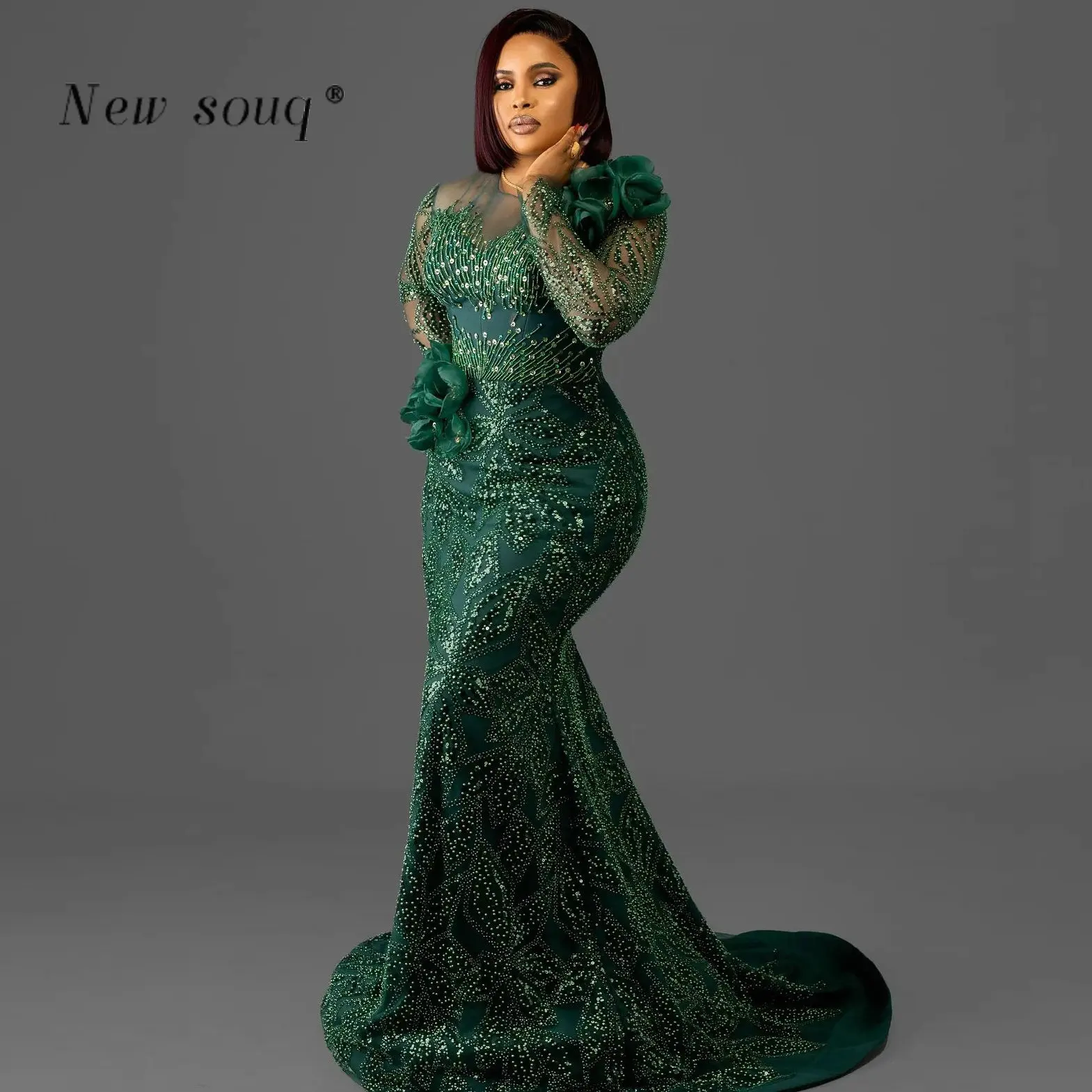 African Plus Size Green Long Sleeves Mermaid Evening Dresses Elegant Aso Ebi Beaded Flowers Prom Wedding Party Gowns