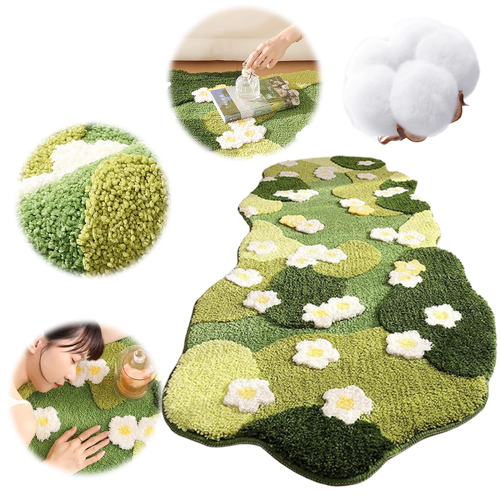 

Room Decorative Floor Mat Soft Nordic 3D Lawn Moss Rugs Carpet Green Forest Irregular Floor Mat Flocked Green Plush Bedroom Rug