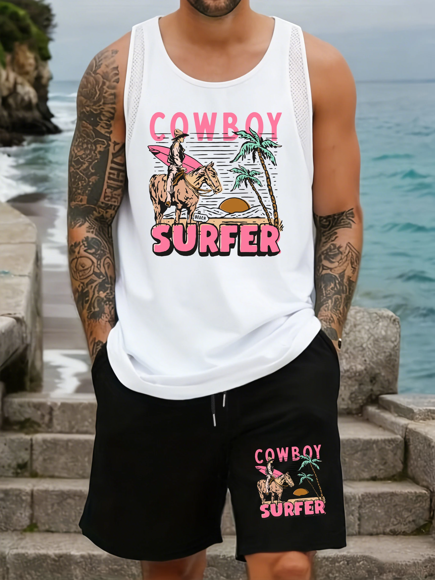 

Cowboy Surfer Coconut Tree Design Men Mesh Tank Tops Set Gym Summer Sleeveless Vest Wide-Leg Shorts Drawstring Pocket Pant
