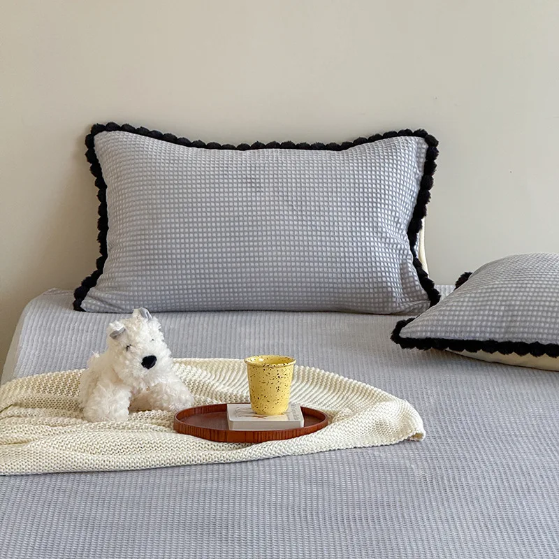Premium Soft Milk Fleece Waffle Weave Pillowcase Cute Plush Pom Pom Pillow Cover 48x74cm Korean Style Sofa Cushion Case