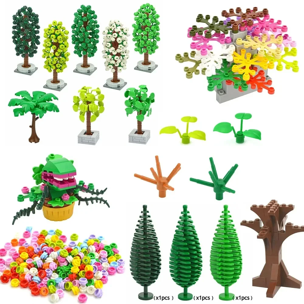 MOC Tree Plant Building Blocks Bricks Grass Bush Jungle Flower Garden Compatible with 6064 2417 32606 2435 3741 City Friends Toy