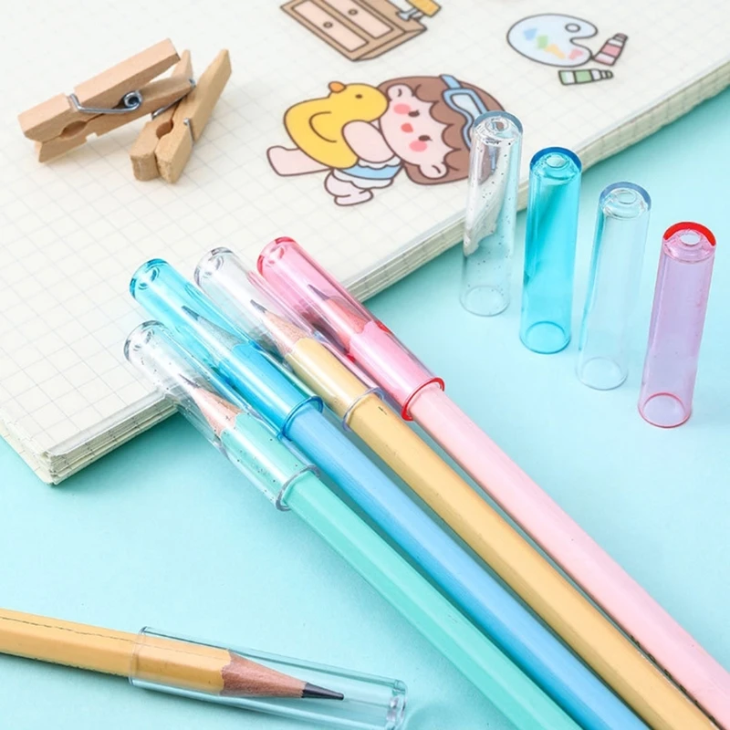 18Pcs Transparent Plastic Pencil Caps Kids Wooden Pencils Protective Lids Pencil Pencil Grips Set Extender Cover Stationery Set