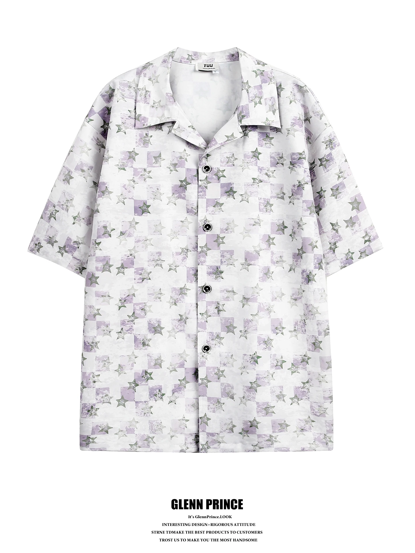 

GPstudio American Trendy Star Print Cuban Collar Men's Shirt Summer Casual Short Sleeve Polyester Fiber Skin-friendly Loose Fit