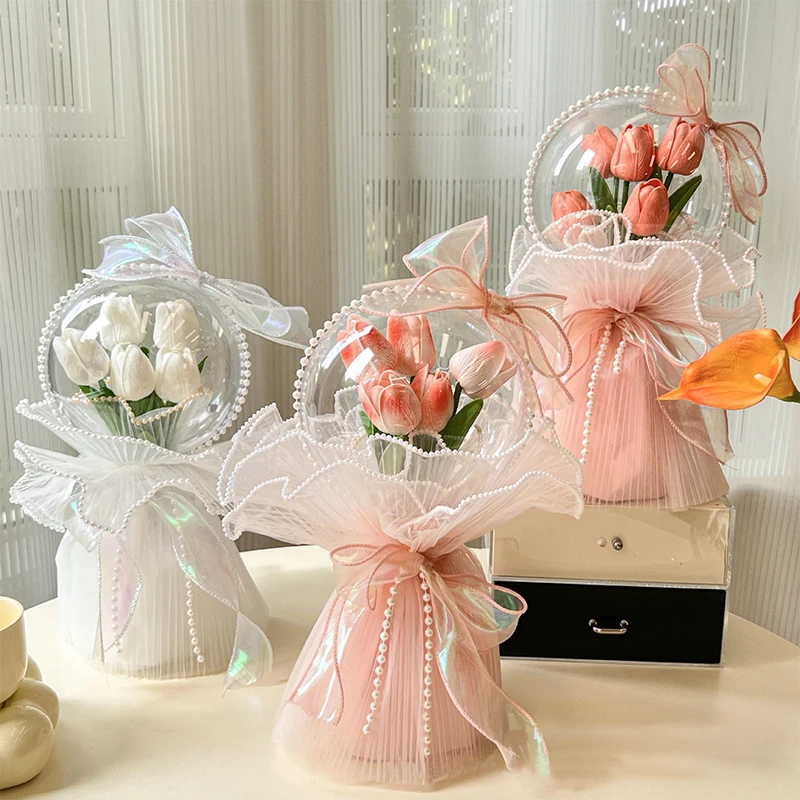 Transparent Ball Artificial Flower Tulip Bouquet Acrylic Bobble Ball Packaging Gift Box Bouquet Valentine's Day Birthday Gift