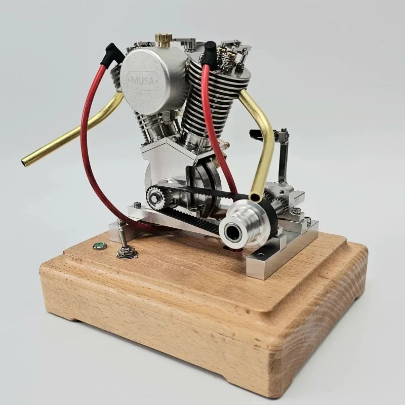 MUSA V2 Retro Gasoline Engine Model Kit Can Start Metal Twin Cylinders 4 Stroke Engine Toy with Wooden Base