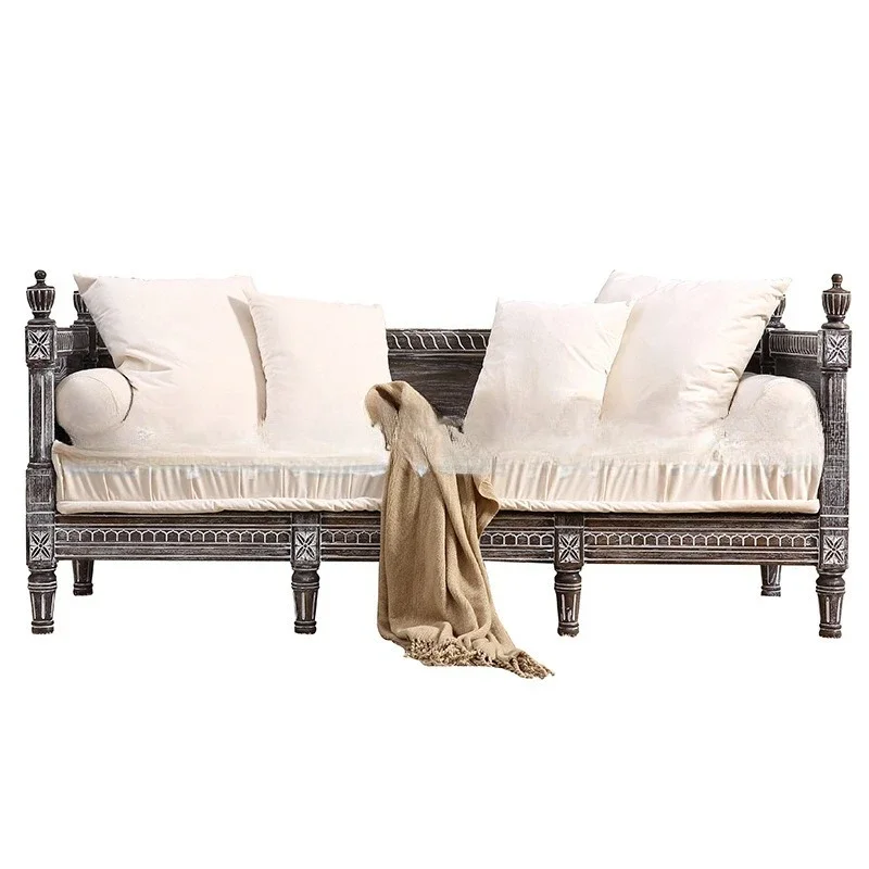 

American country solid wood sofa furniture retro oak carved fabric soft bag cafe casual sofa