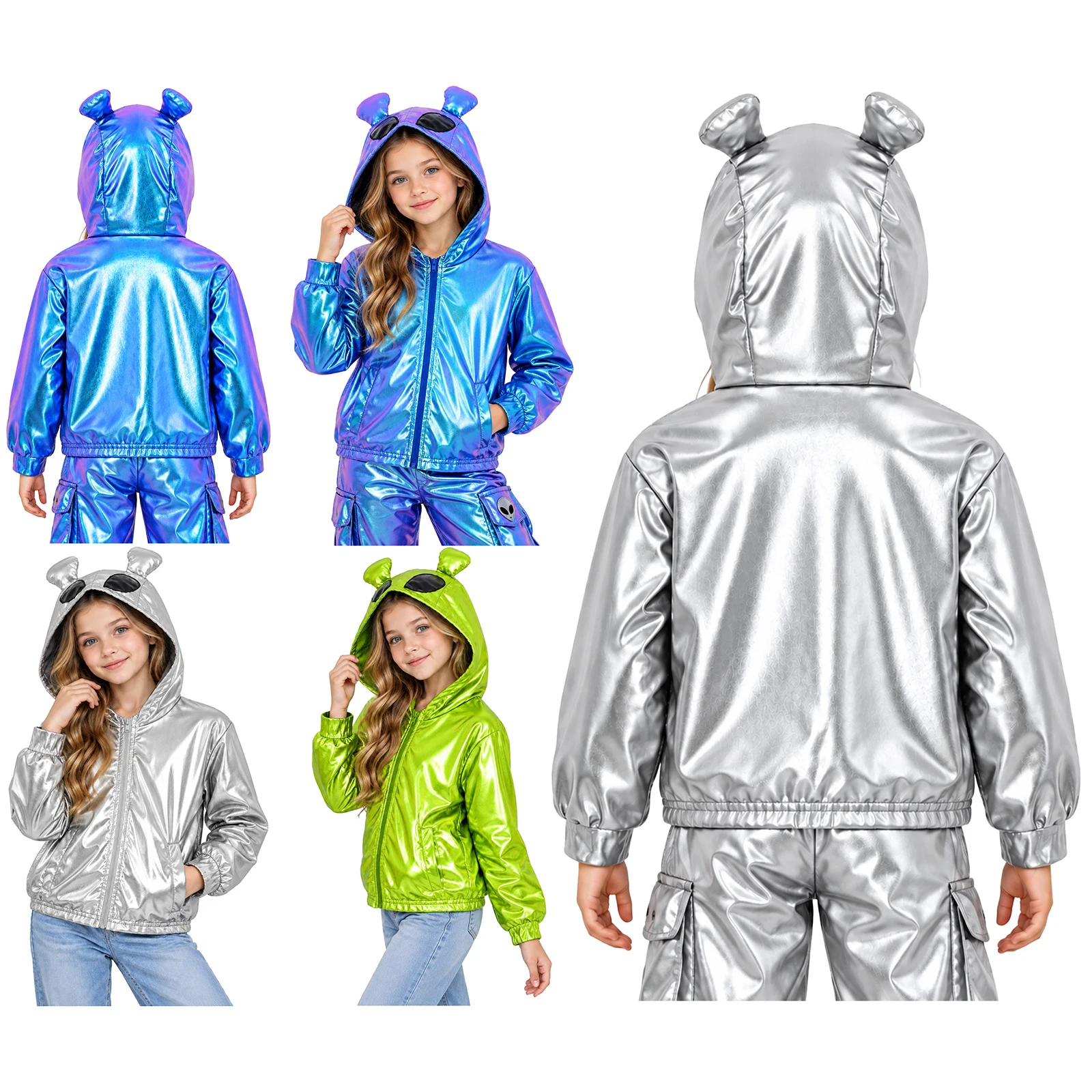 Kids Boys Girls Metallic Jacket Long Sleeves Zipper Front Alien Hooded Outerwear Hip Hop Disco Jazz Dance Stage Performance Wear